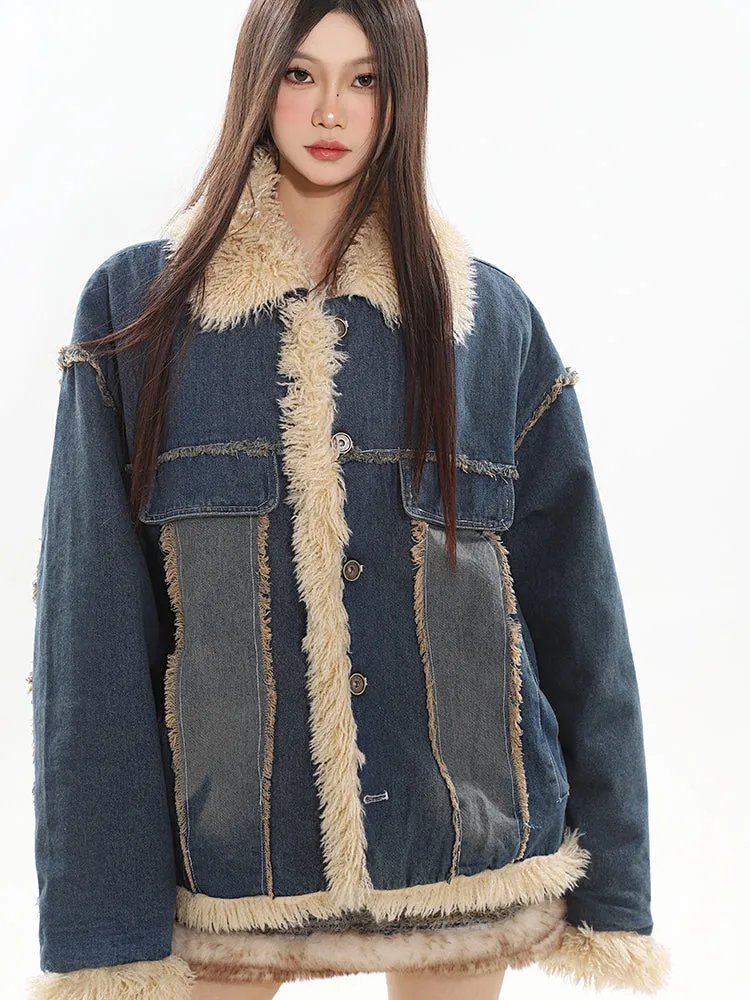 【23s November.】Contrast Color Denim Retro Jacket with Fur Collar