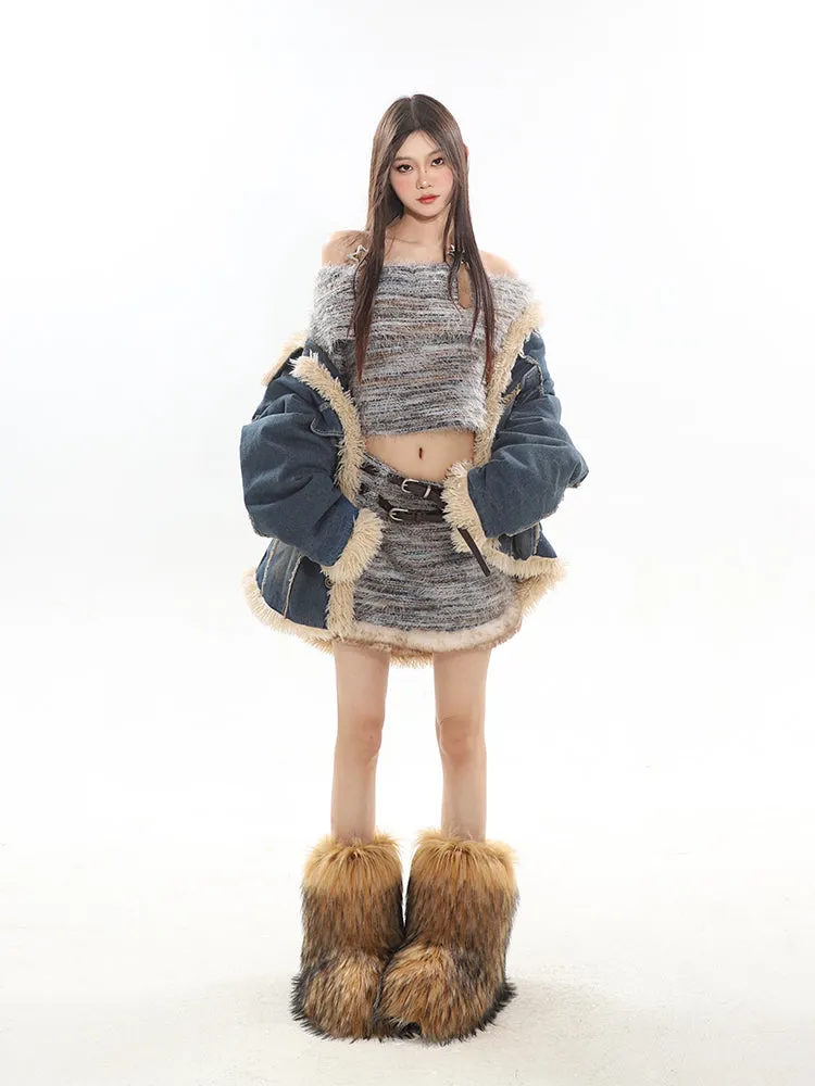 【23s November.】Contrast Color Denim Retro Jacket with Fur Collar