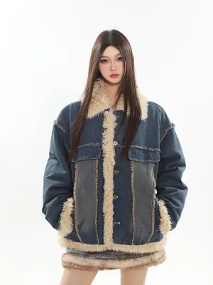 【23s November.】Contrast Color Denim Retro Jacket with Fur Collar