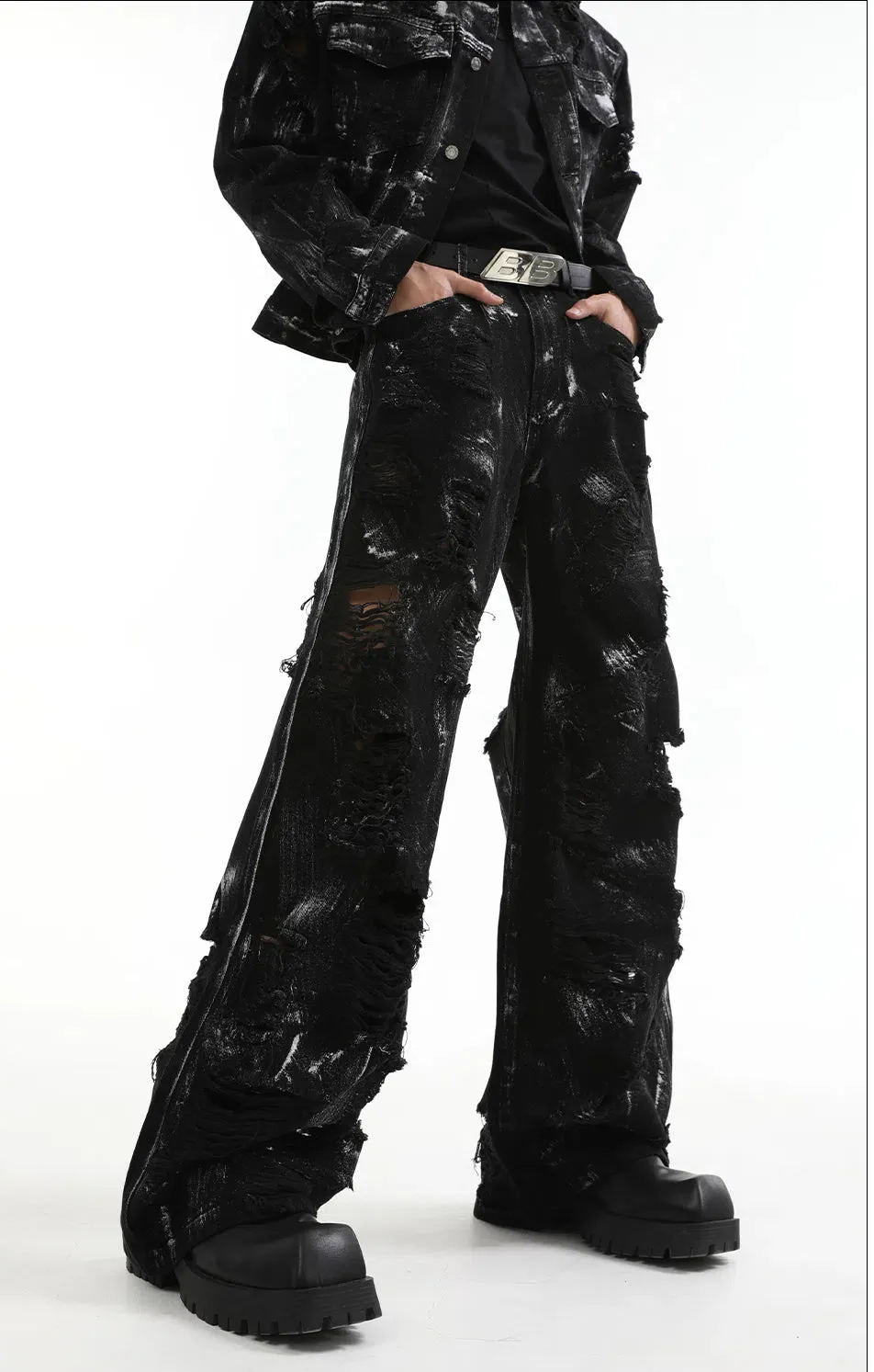 【24s Aug.】 Ink Splash Deconstructed Ripped Denim Suit