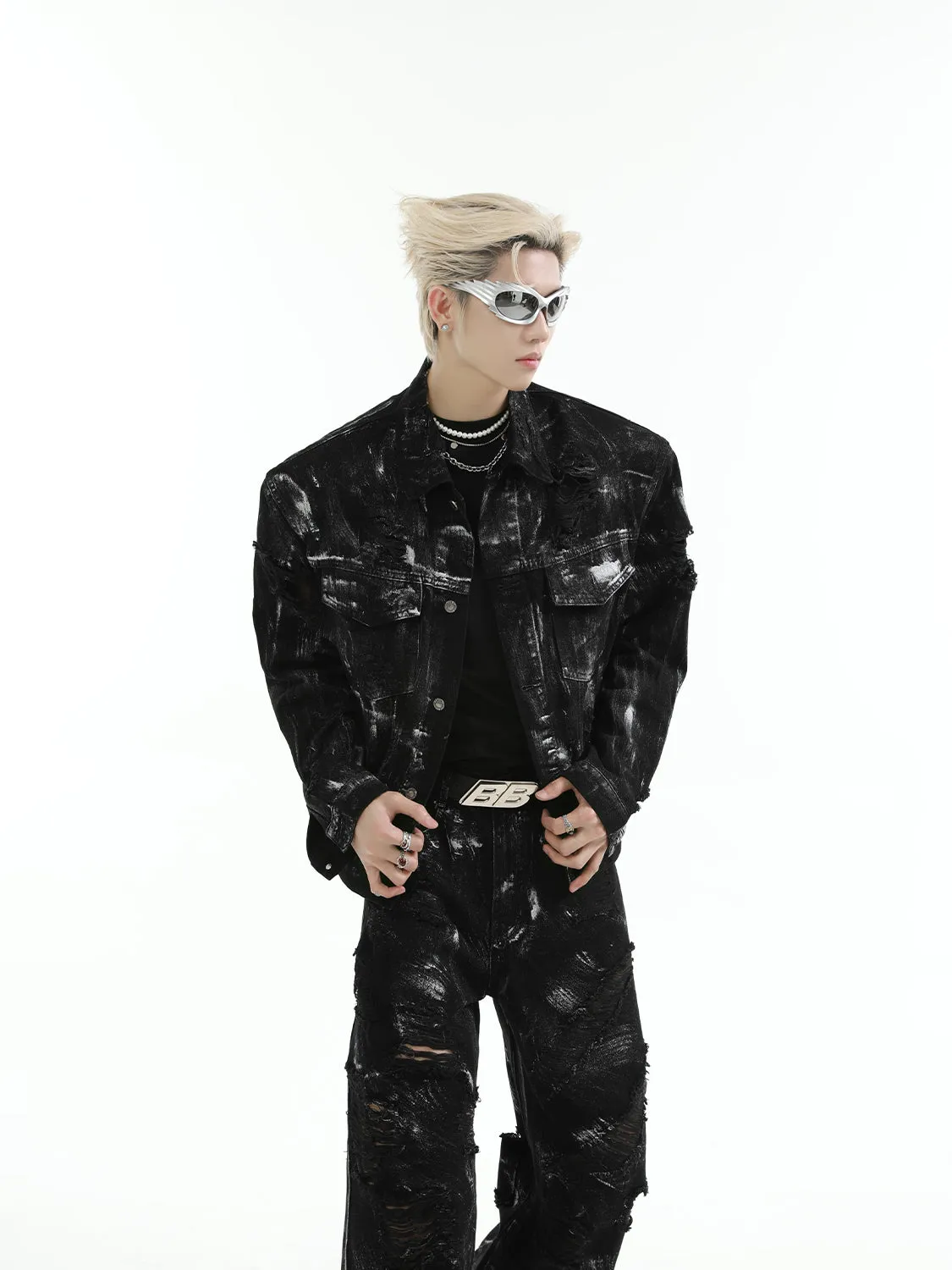 【24s Aug.】 Ink Splash Deconstructed Ripped Denim Suit