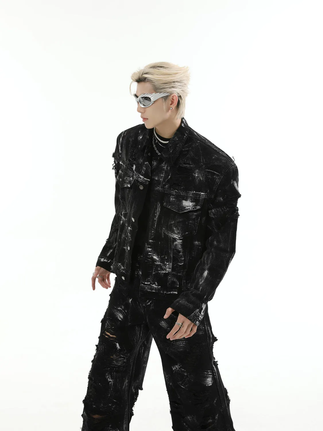 【24s Aug.】 Ink Splash Deconstructed Ripped Denim Suit