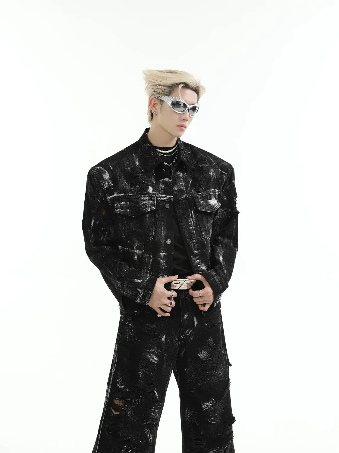 【24s Aug.】 Ink Splash Deconstructed Ripped Denim Suit