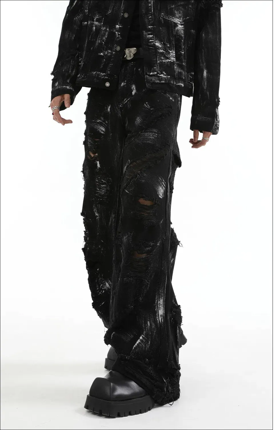 【24s Aug.】 Ink Splash Deconstructed Ripped Denim Suit