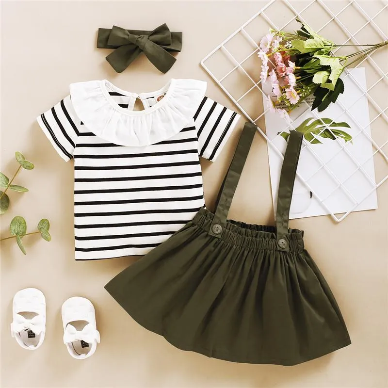 3-piece Striped T-shirt & Solid Dungarees & Headband for Toddler Girl Wholesale children's clothing