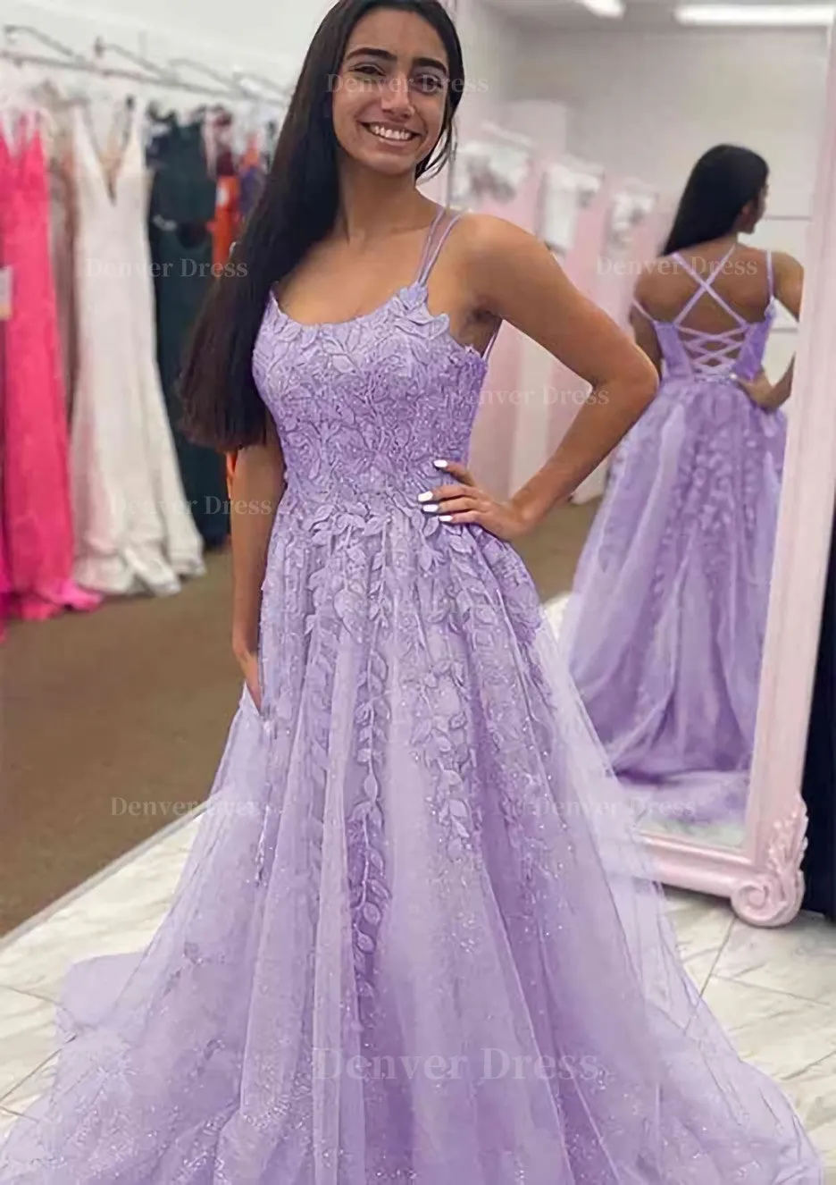 A-line Bateau Court Train Tulle Glitter Prom Dress With Appliqued Beading