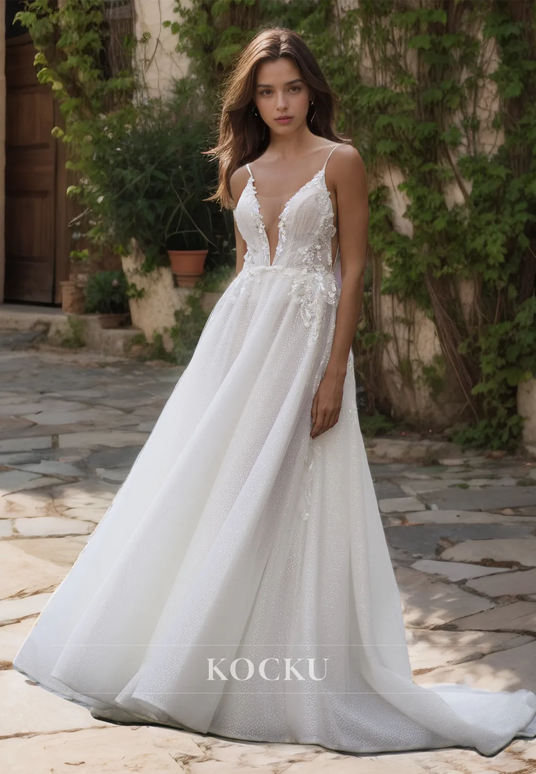 A-Line V-Neck Wedding Dress Spaghetti Straps Court Train Appliques Lace Bridal Dress with Beads