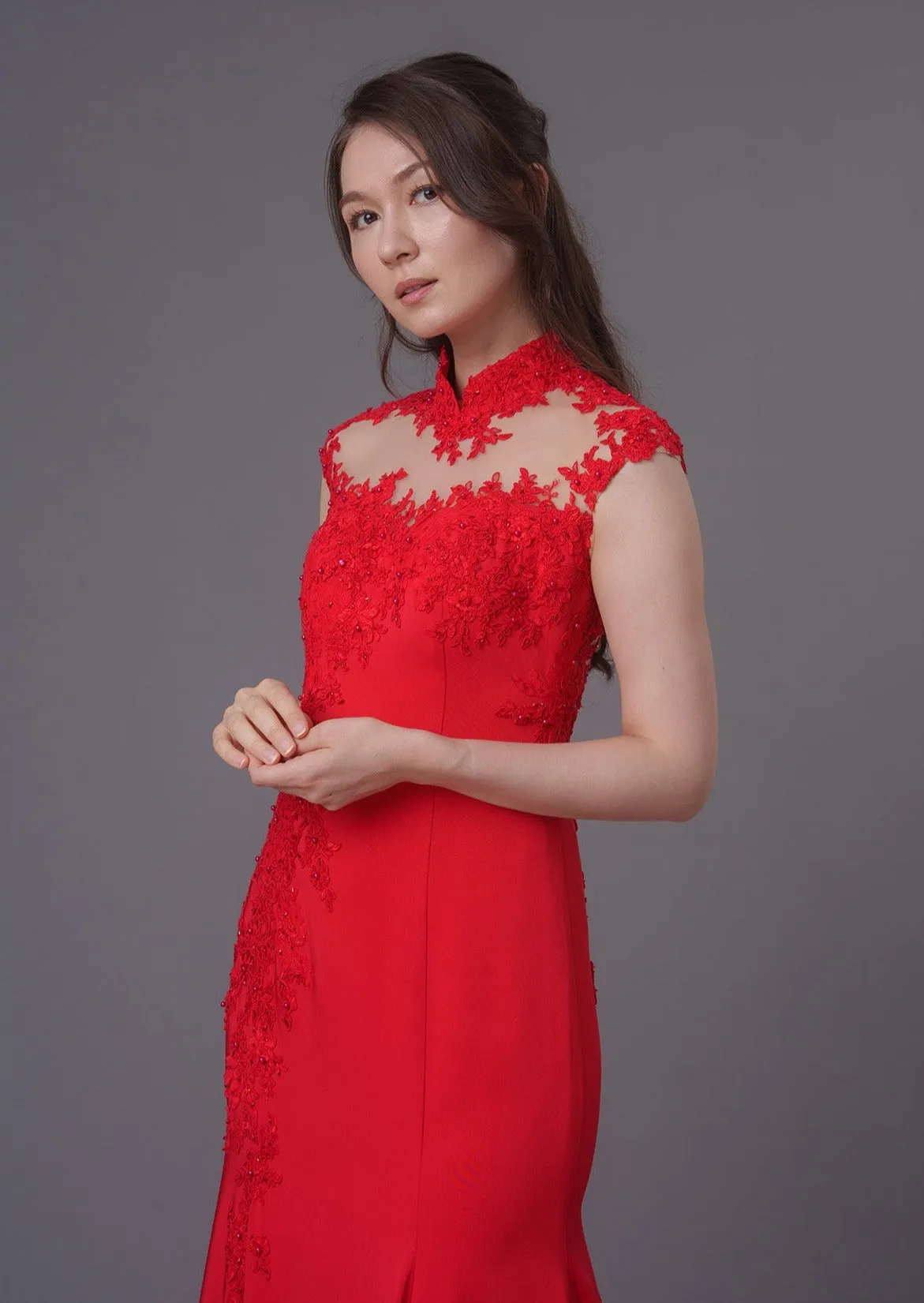 Alpenrose Cap Sleeves Lace Embellished Mermaid Qipao - RTW