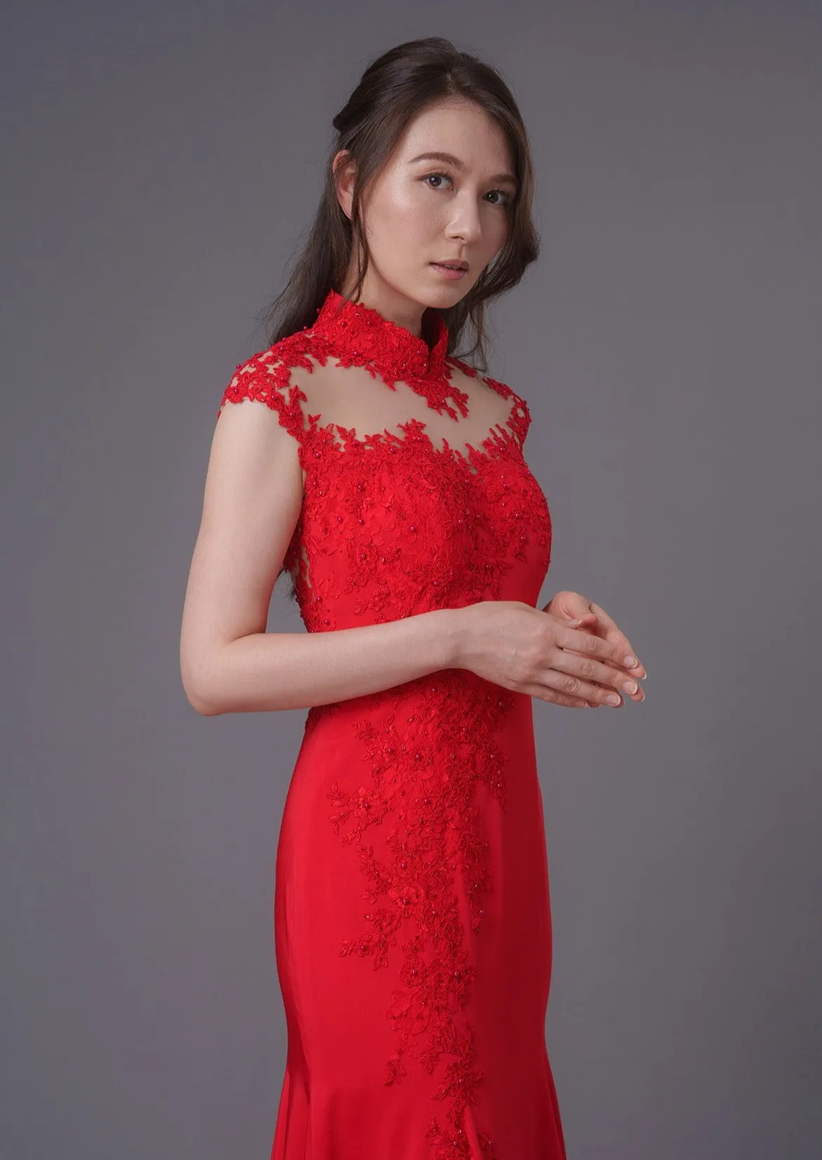 Alpenrose Cap Sleeves Lace Embellished Mermaid Qipao - RTW