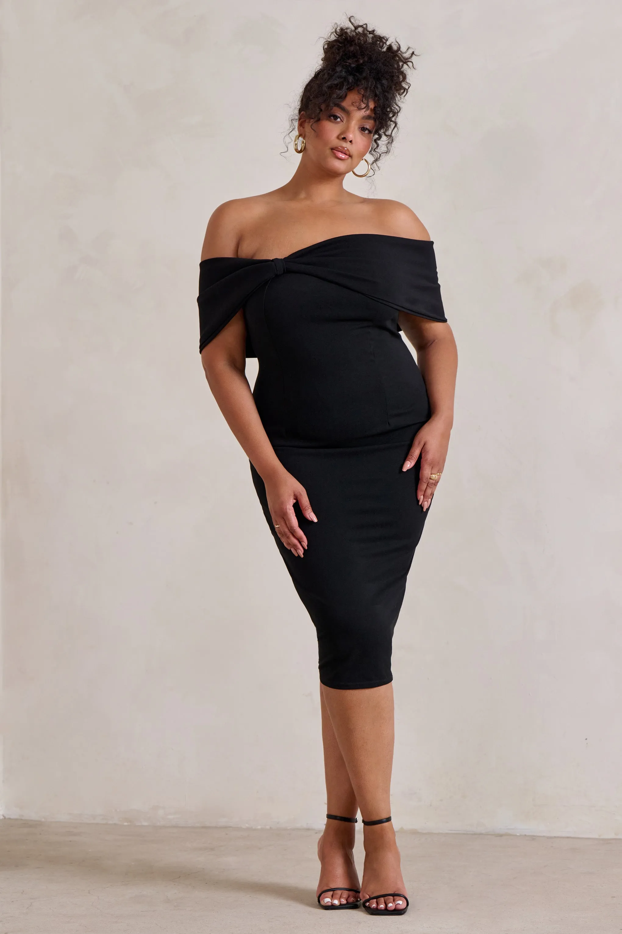 Alyssa | Black Bardot Bow Detail Midi Dress