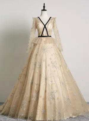 An Extra 40% Off Storewide Champagne Ball Gown Tulle V-neck Long Sleeve Quinceanera Dress