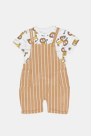 Baby Brown Stripe Dungaree Set With Printed Lion T-Shirt (2 Piece)