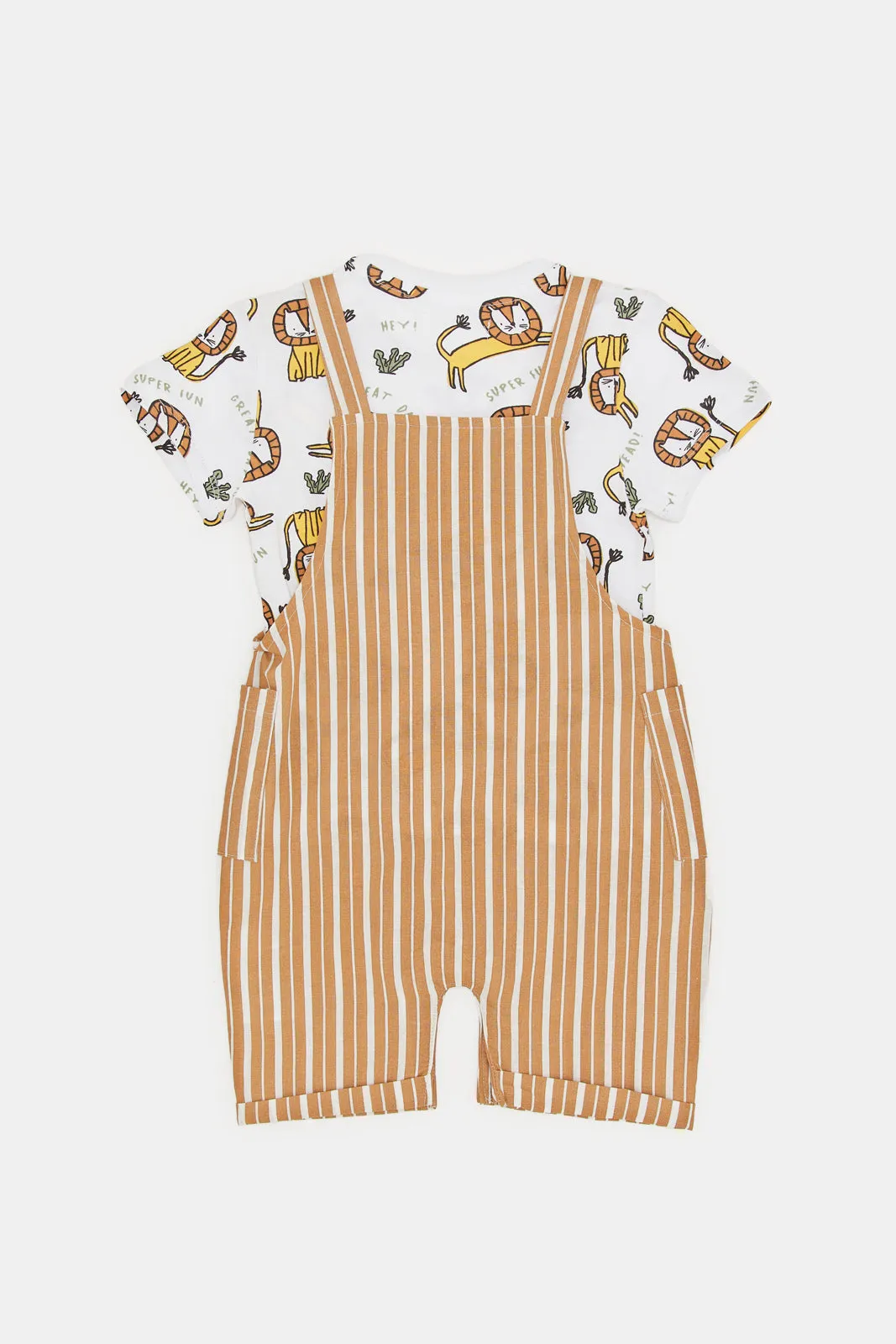 Baby Brown Stripe Dungaree Set With Printed Lion T-Shirt (2 Piece)