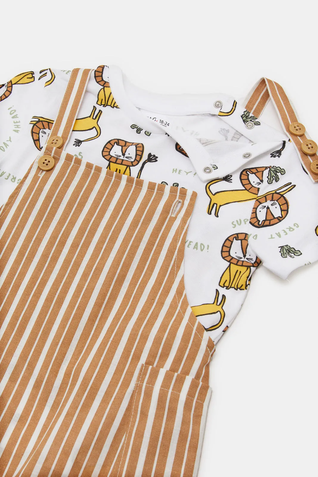 Baby Brown Stripe Dungaree Set With Printed Lion T-Shirt (2 Piece)