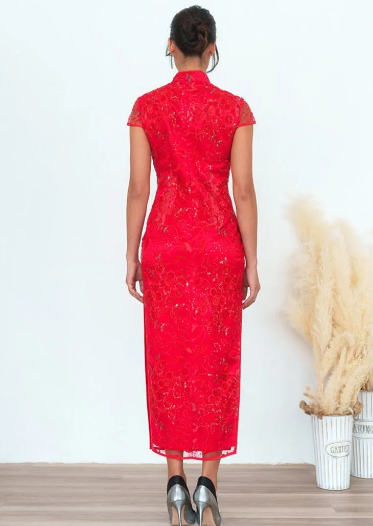 Beaded Redstar Lace Qipao