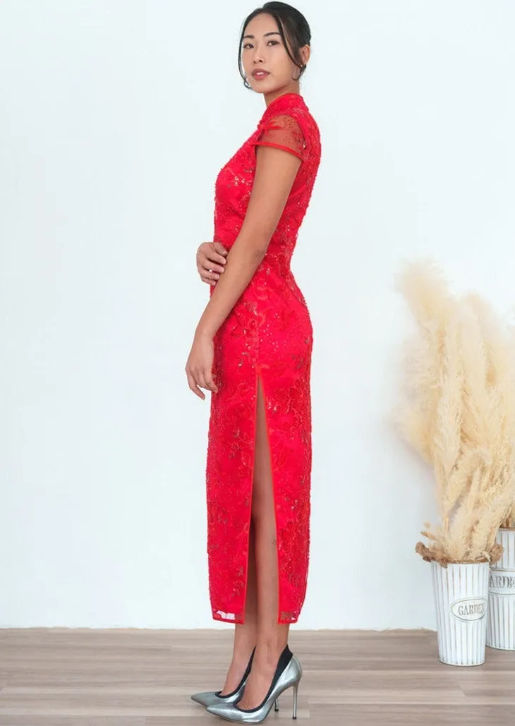 Beaded Redstar Lace Qipao