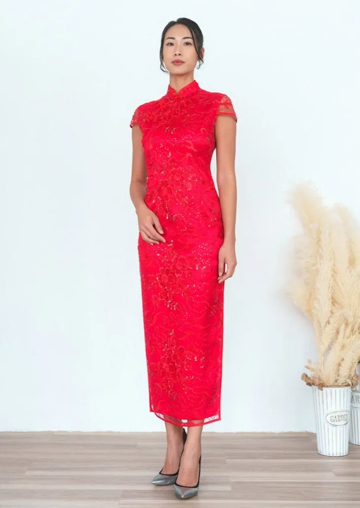 Beaded Redstar Lace Qipao