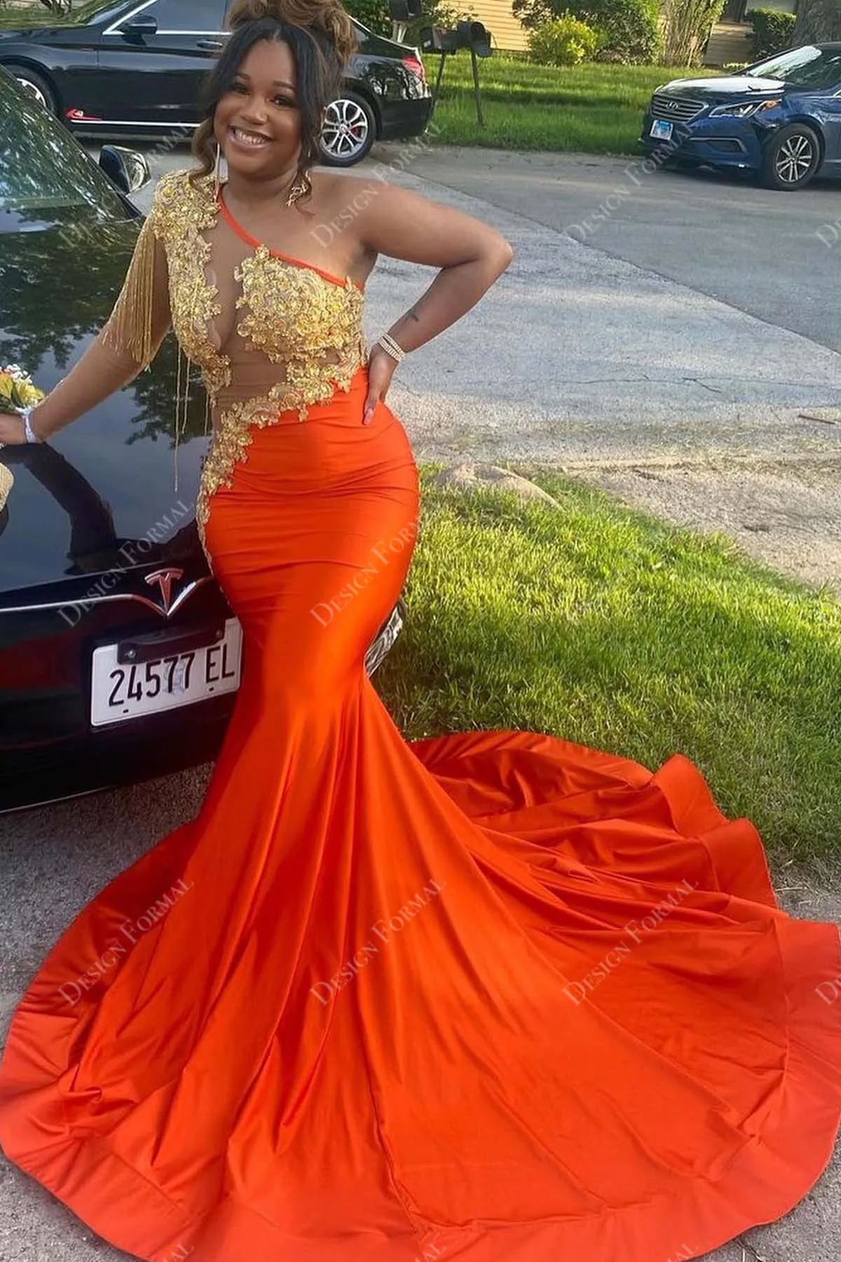 Beaded Tassels One Shoulder Jersey Designer Orange Prom Dress