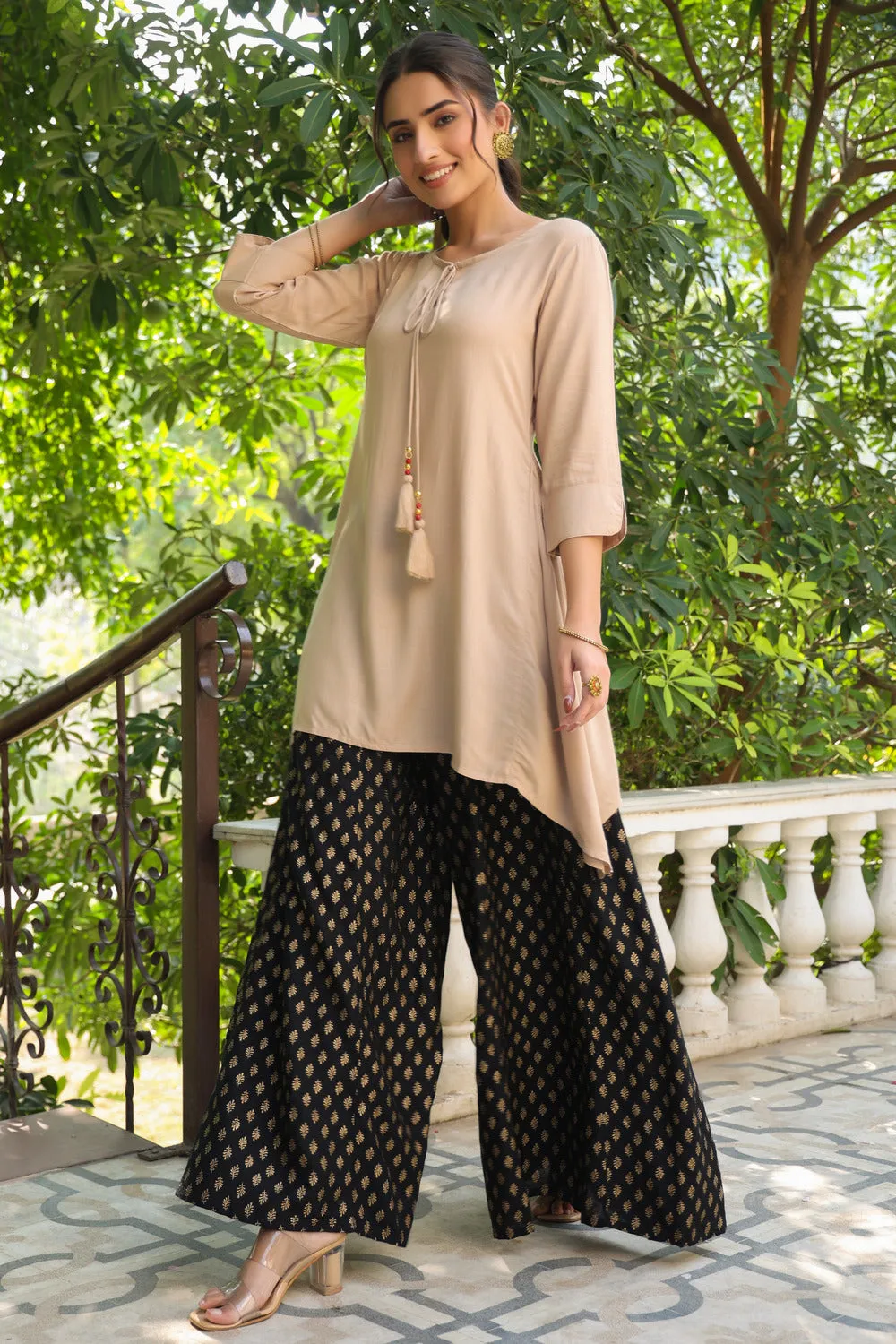 Beige Rayon Slub Solid Asymmetric Kurta