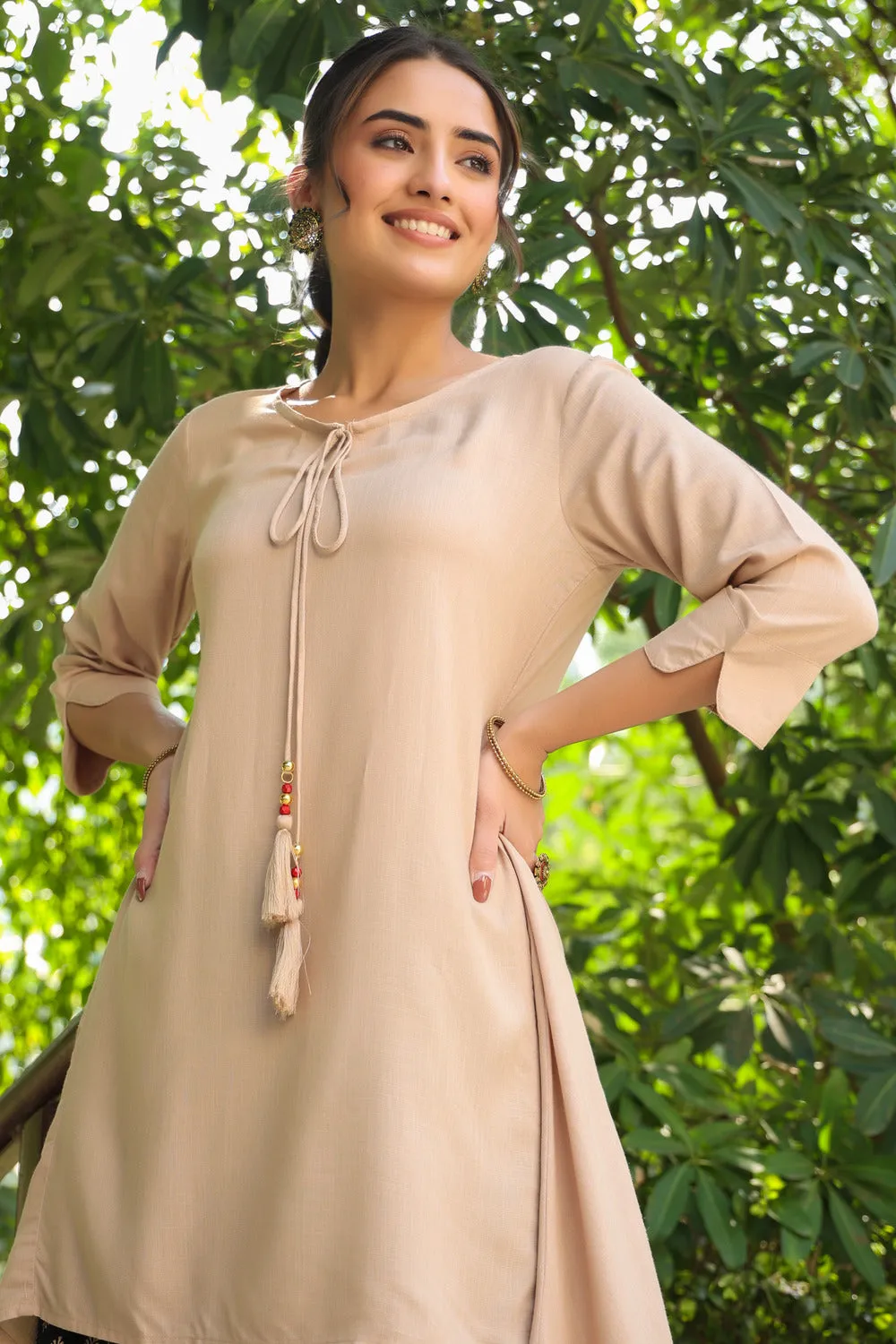 Beige Rayon Slub Solid Asymmetric Kurta