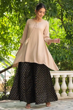 Beige Rayon Slub Solid Asymmetric Kurta