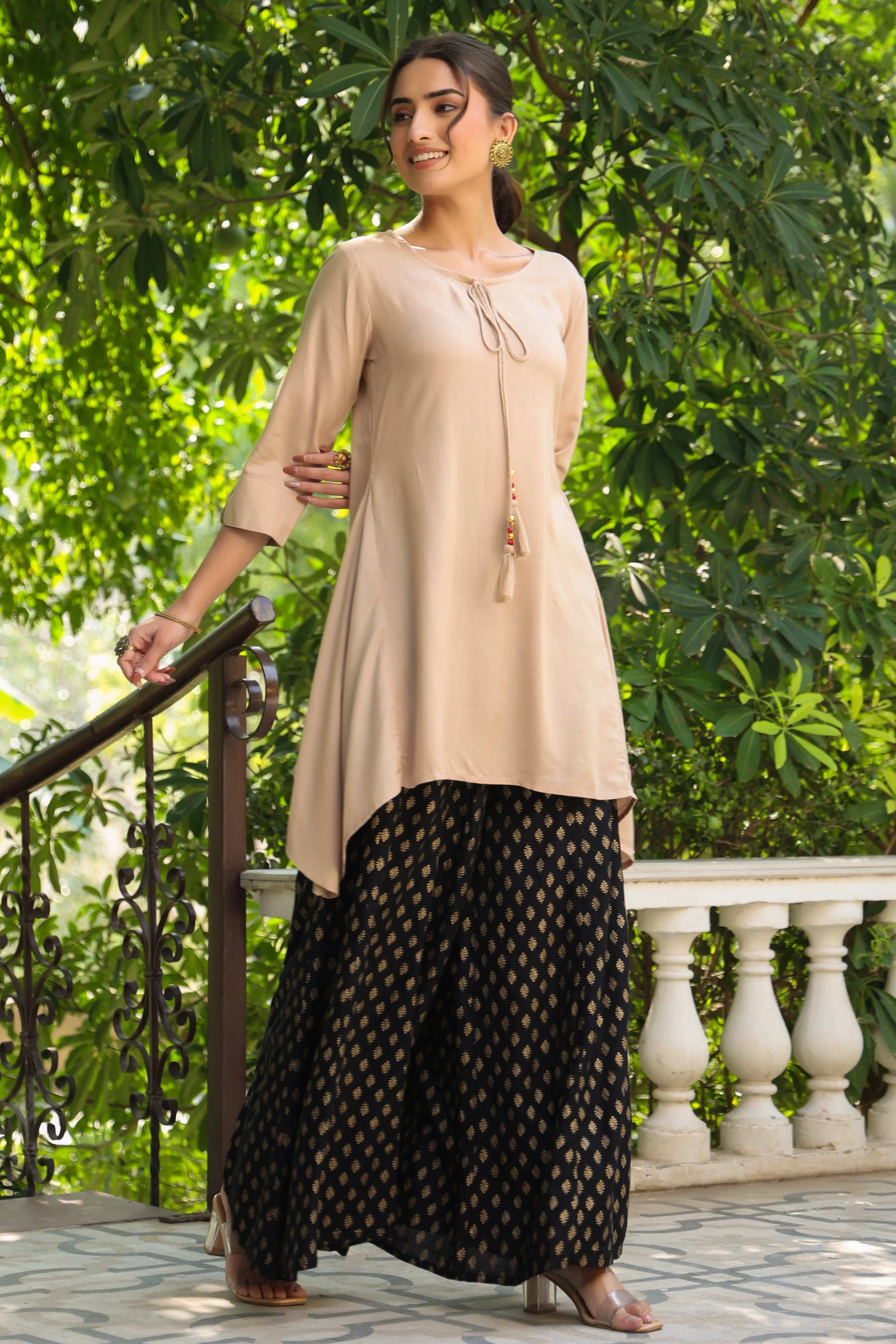 Beige Rayon Slub Solid Asymmetric Kurta