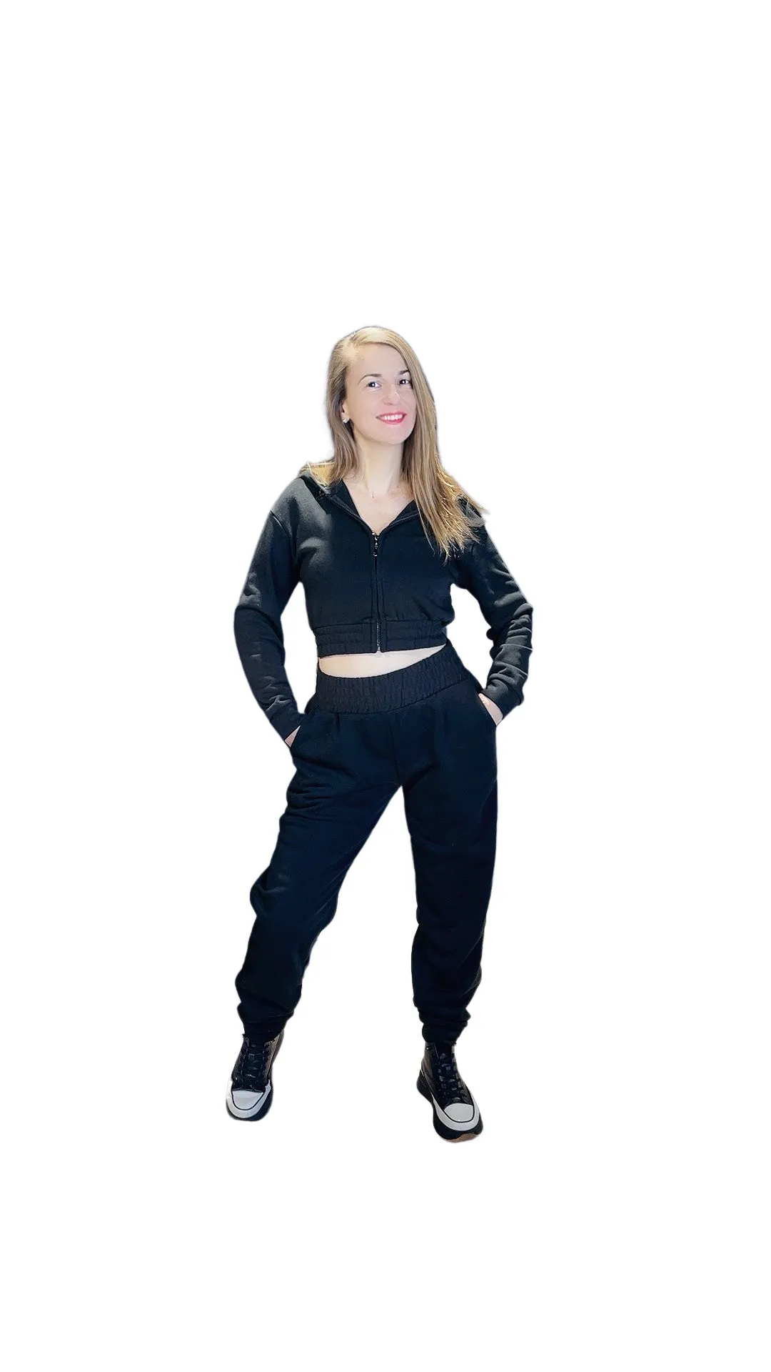 Black 2-piece Jogger Set Zip-Up Cropped Hoodie Set