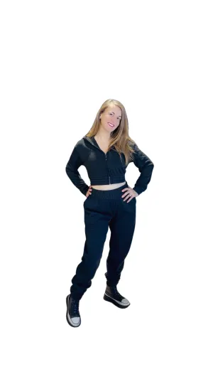 Black 2-piece Jogger Set Zip-Up Cropped Hoodie Set