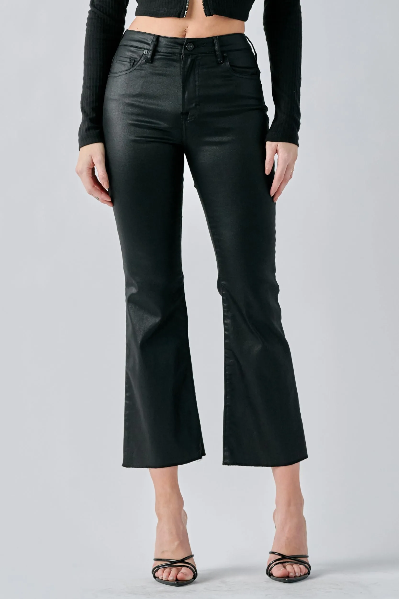 Black Coated Cropped Flare Jeans