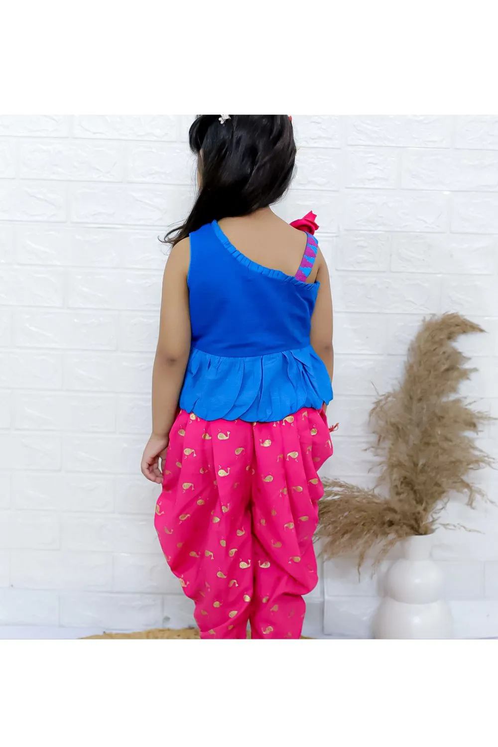 Blue Asymmetric Neck Embroidered Top & Pink Printed Dhoti Pant Set