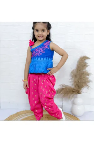 Blue Asymmetric Neck Embroidered Top & Pink Printed Dhoti Pant Set