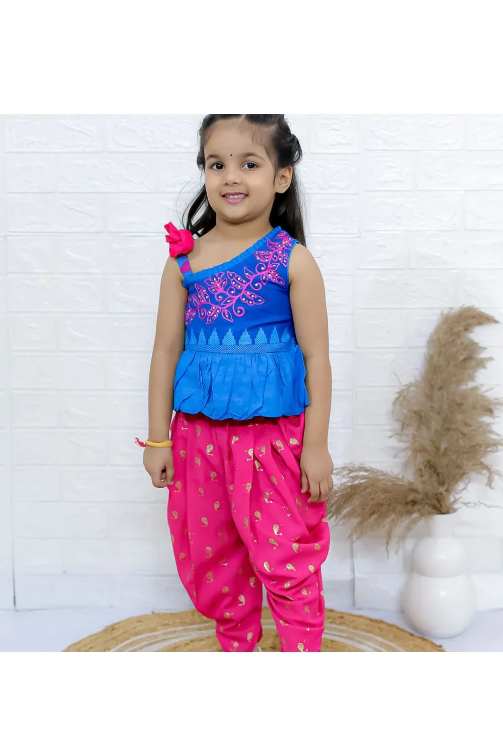 Blue Asymmetric Neck Embroidered Top & Pink Printed Dhoti Pant Set