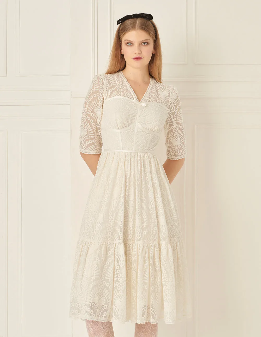 BORA AKSU French Court Style V-Neck Ruffled Lace Dress