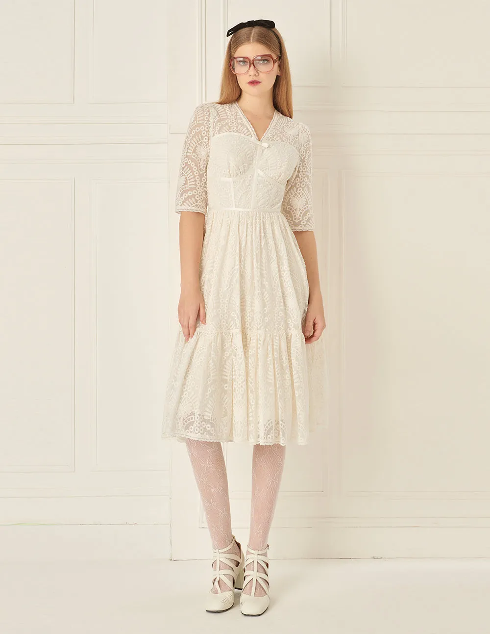 BORA AKSU French Court Style V-Neck Ruffled Lace Dress