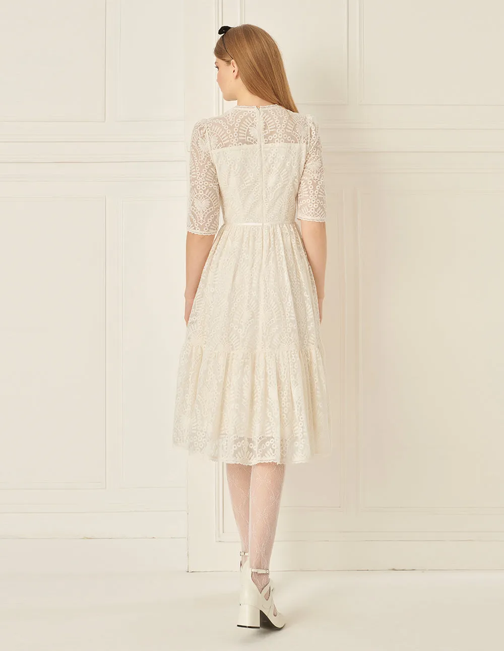 BORA AKSU French Court Style V-Neck Ruffled Lace Dress