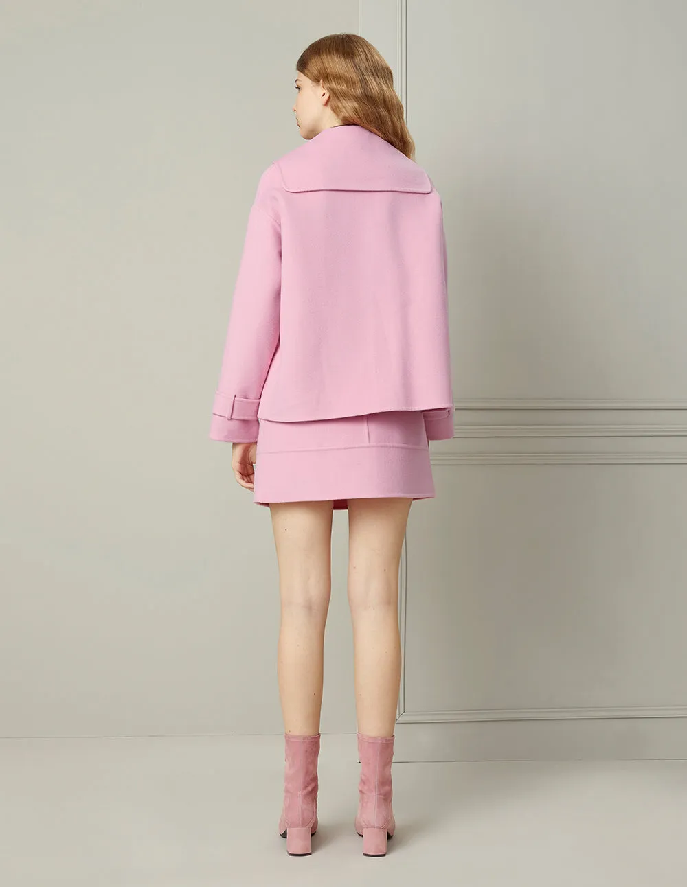 BORA AKSU Pink Woollen Double-Breasted Wide Collar Short Coat