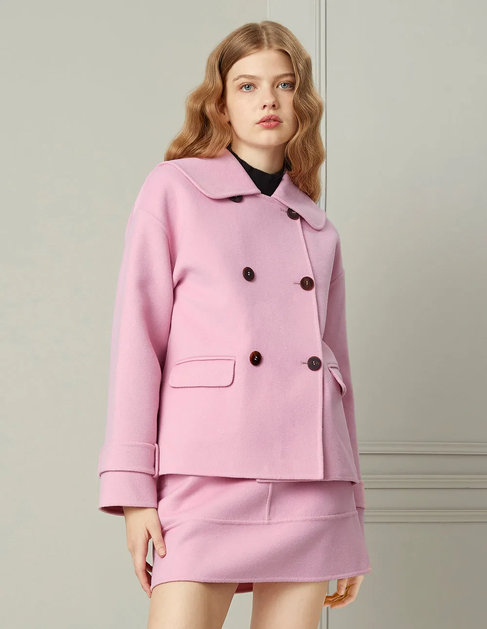 BORA AKSU Pink Woollen Double-Breasted Wide Collar Short Coat