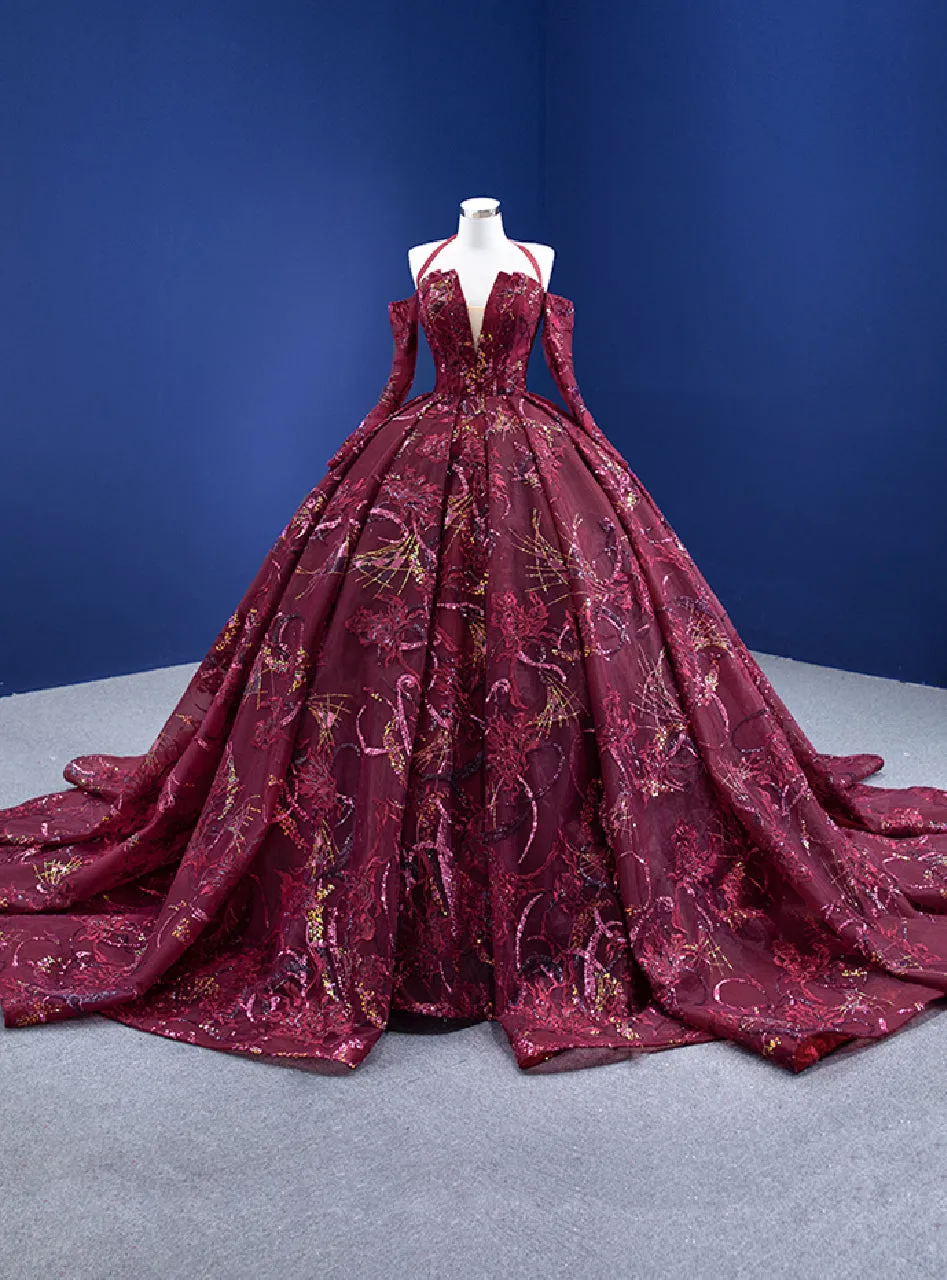 Burgundy Ball Gown Tulle Sequins Long Sleeve Prom Dress