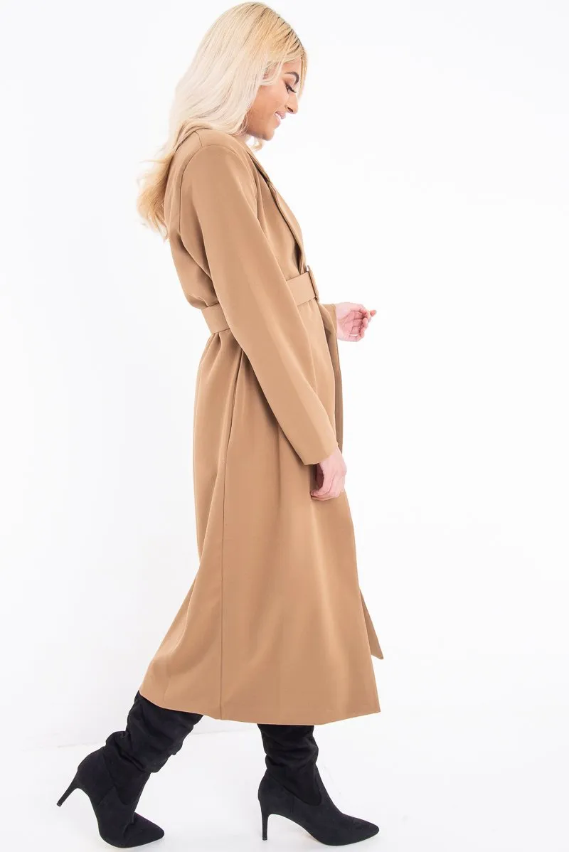 Camel Longline Tailored Belted Coat - Joelle