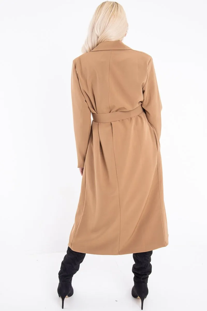 Camel Longline Tailored Belted Coat - Joelle