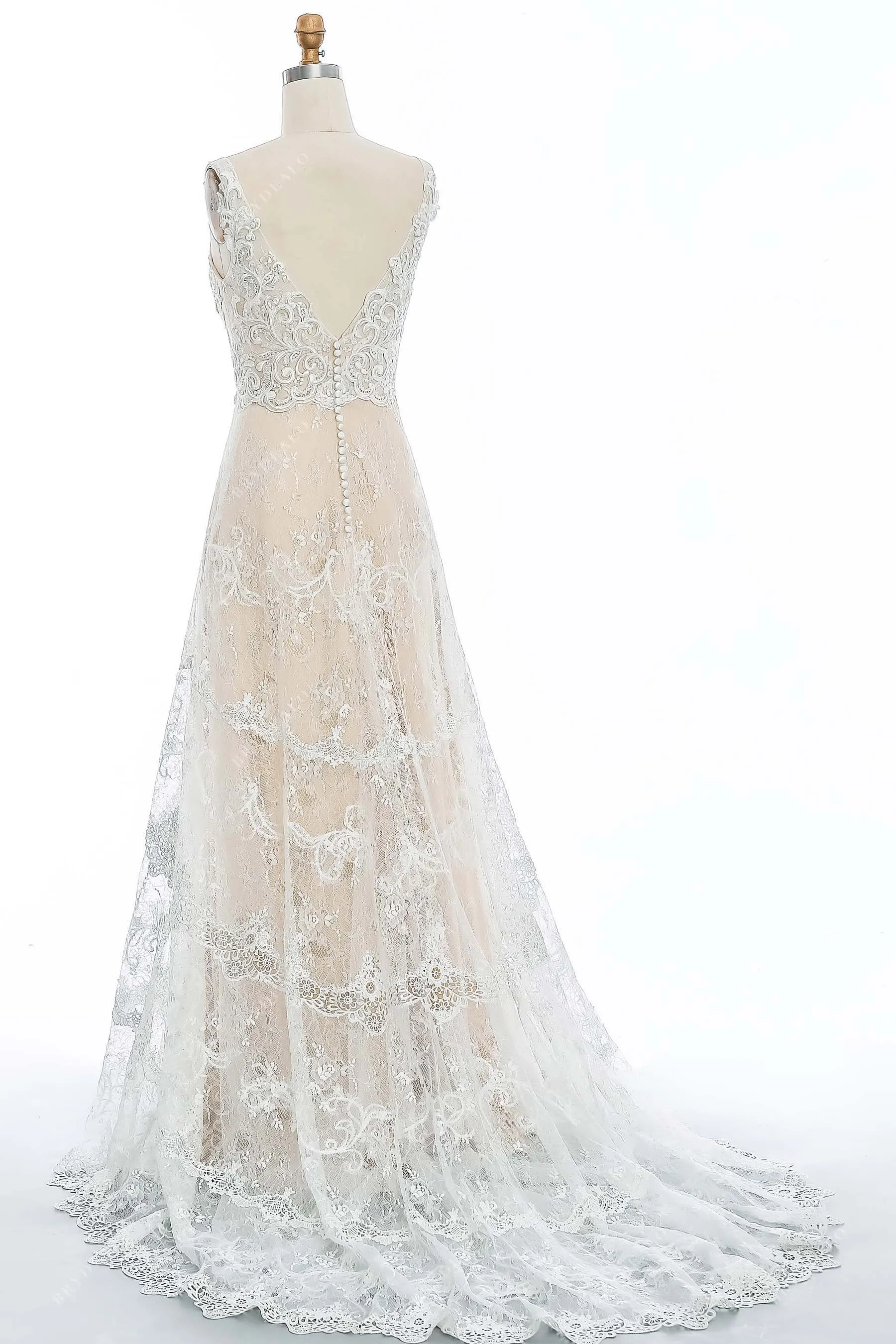 Champagne Floral Lace Straps Wedding Dress