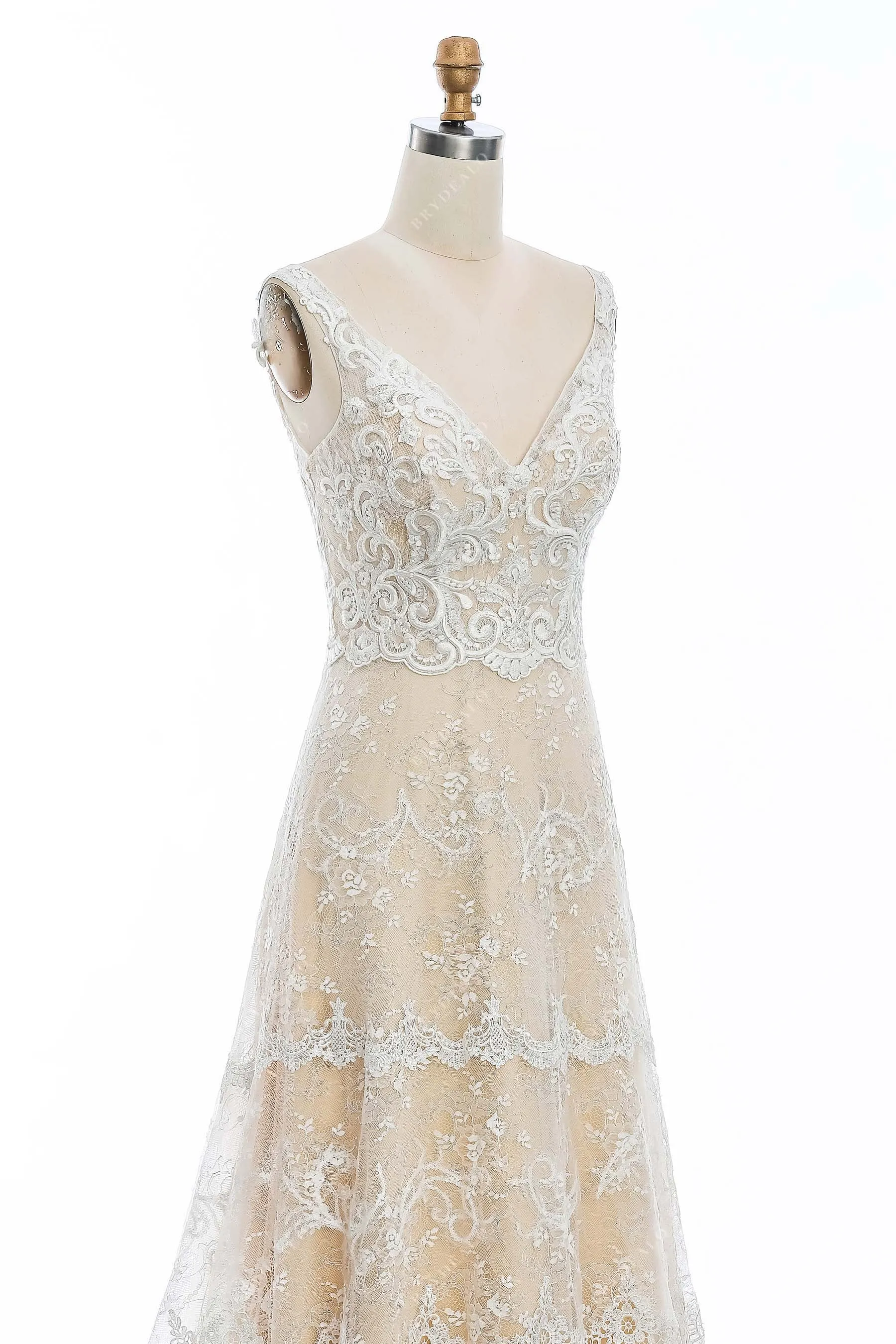 Champagne Floral Lace Straps Wedding Dress