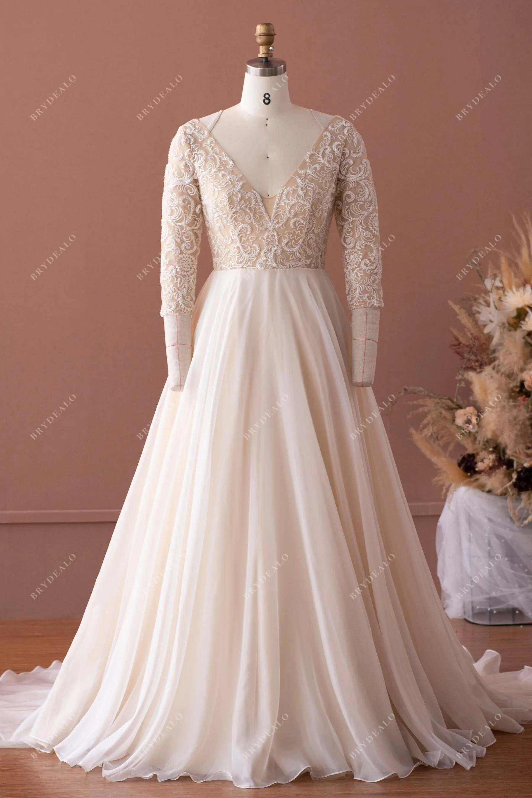 Champagne Illusion 3/4 Sleeve Lace Fall Wedding Dress