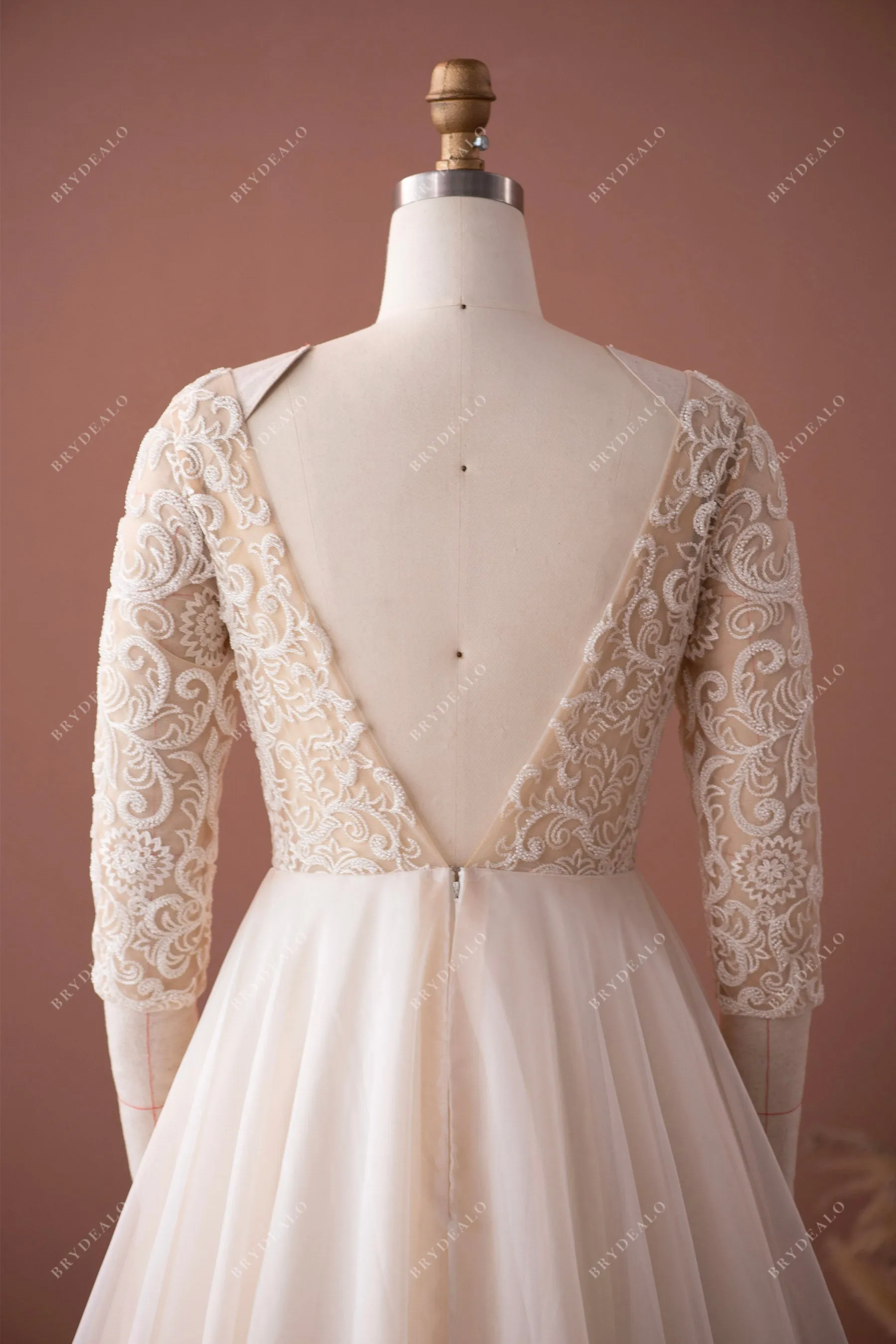 Champagne Illusion 3/4 Sleeve Lace Fall Wedding Dress