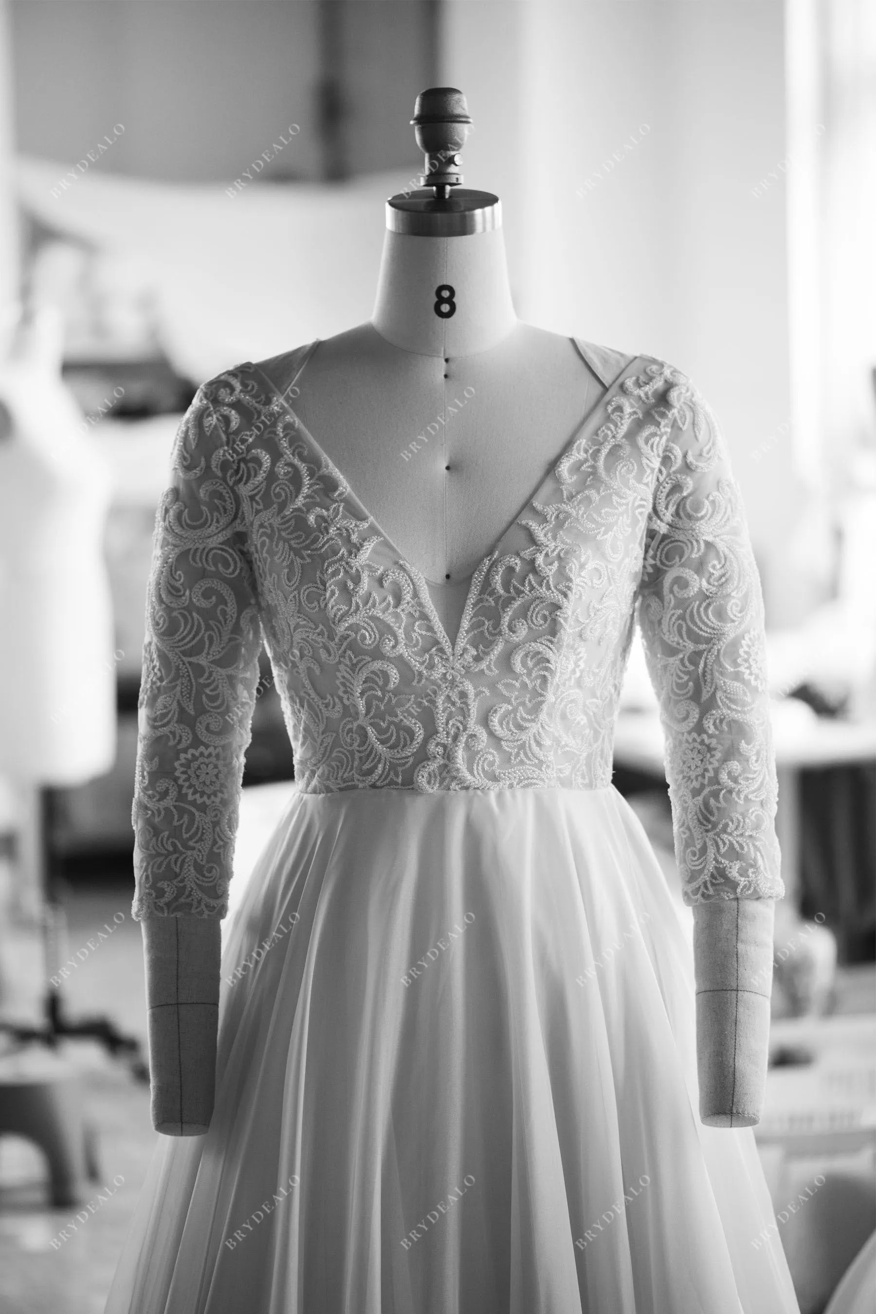 Champagne Illusion 3/4 Sleeve Lace Fall Wedding Dress