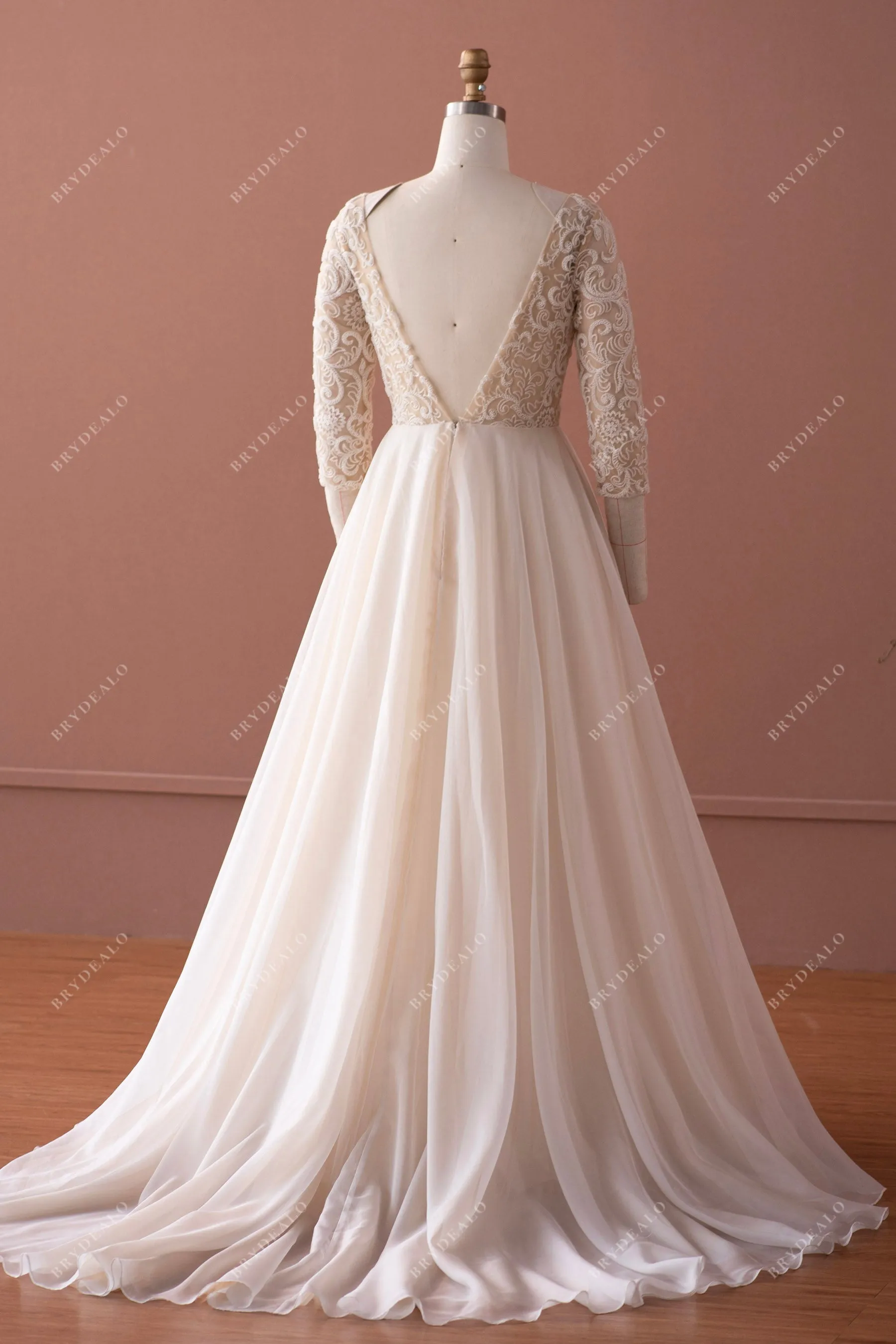 Champagne Illusion 3/4 Sleeve Lace Fall Wedding Dress