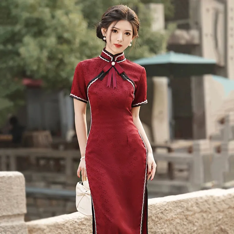 Cheongsam for Tea Ceremony, Traditional Chinese Dress, Burgundy