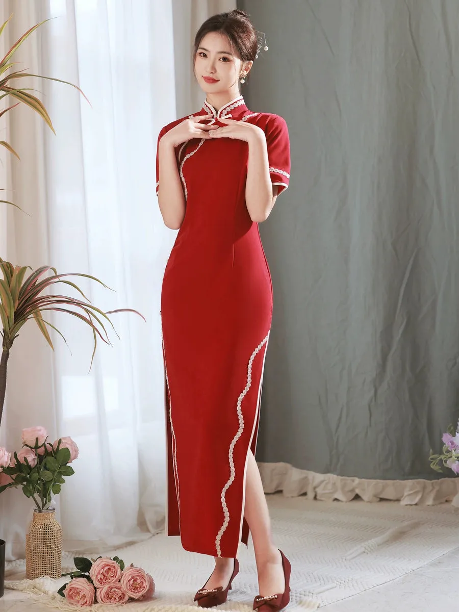 Cheongsam for Tea Ceremony, Traditional Chinese Dress, Garnet