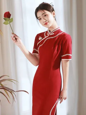 Cheongsam for Tea Ceremony, Traditional Chinese Dress, Garnet