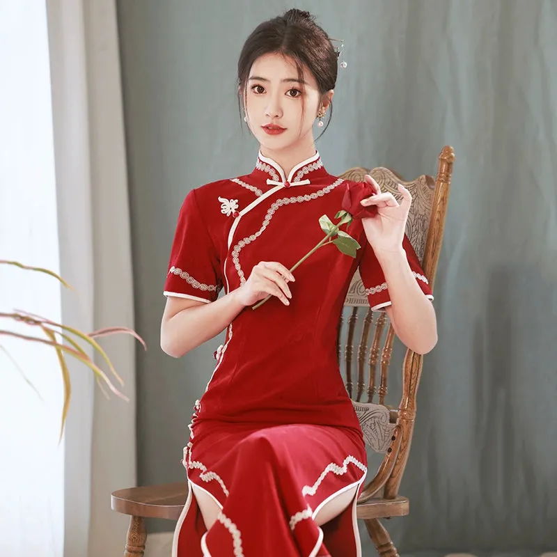 Cheongsam for Tea Ceremony, Traditional Chinese Dress, Garnet